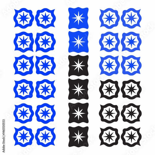 These appear to be a collection of abstract, stylized icons or symbols, primarily in blue and black. They include various shapes such as spirals, floral patterns, geometric designs, and representation