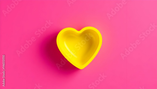 Yellow Heart Shaped Ceramic Container On Vibrant Pink Background Top View