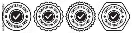 Healthy food label designs with bold typography. Quality assurance badge for food certification. Stamp icons for cholesterol free declaration. Cholesterol free labels for healthy food packaging 