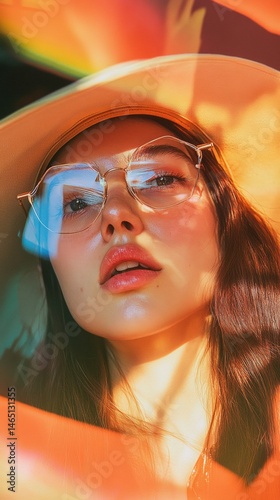 Close-Up Portrait of Woman with Auburn Hair Wearing Hat and Glasses Under Sunlight and Reflections