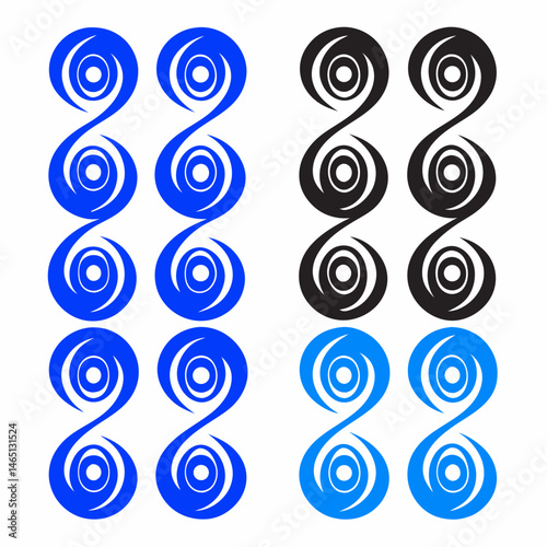 These appear to be a collection of abstract, stylized icons or symbols, primarily in blue and black. They include various shapes such as spirals, floral patterns, geometric designs, and representation