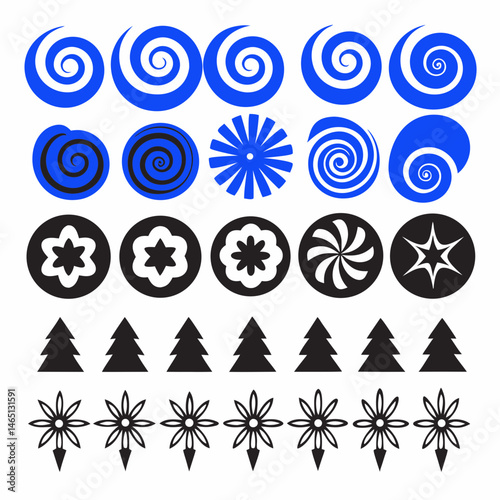 These appear to be a collection of abstract, stylized icons or symbols, primarily in blue and black. They include various shapes such as spirals, floral patterns, geometric designs, and representation