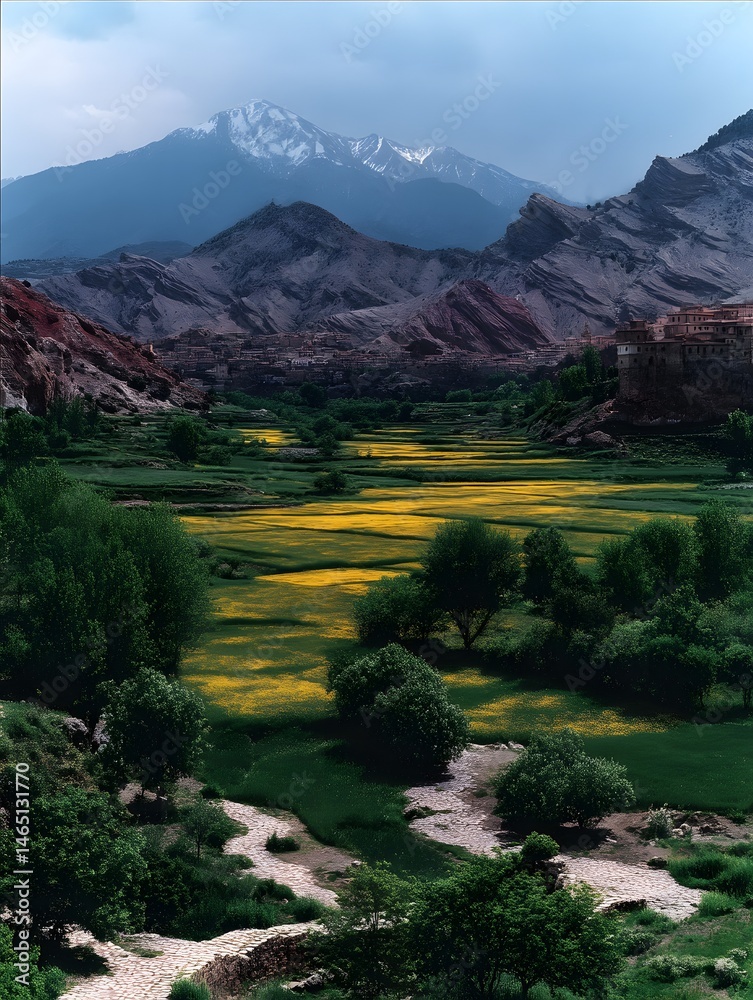 Mountain Valley Oasis: A serene valley unfolds beneath towering mountains, its green meadows speckled with vibrant wildflowers, creating a vibrant and picturesque landscape. Mountain Valley Oasis: A serene valley unfolds beneath towering mountains, its green meadows speckled with vibrant wildflowers, creating a vibrant and picturesque landscape.