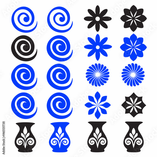 These appear to be a collection of abstract, stylized icons or symbols, primarily in blue and black. They include various shapes such as spirals, floral patterns, geometric designs, and representation