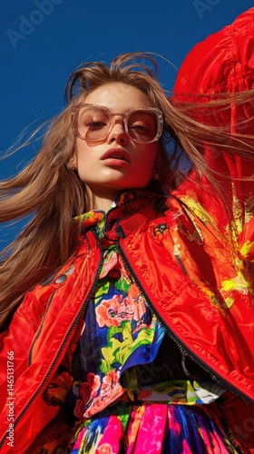 Young Woman with Long Brown Hair Wearing Sunglasses Poses Against a Vivid Blue Sky in Fashionable Outfit