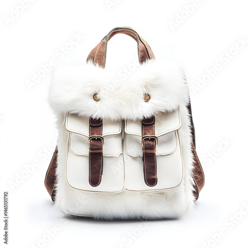 White fur backpack with brown leather strapping isolated on a white background