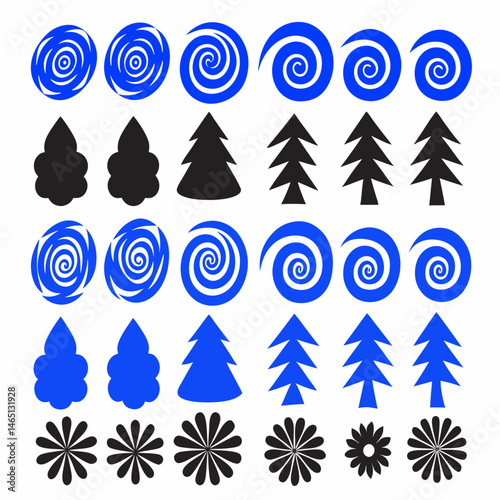 These appear to be a collection of abstract, stylized icons or symbols, primarily in blue and black. They include various shapes such as spirals, floral patterns, geometric designs, and representation