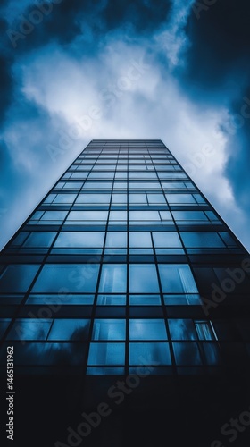 Dramatic upward view of tall glass office tower reaching into stormy, textured cloudy sky, showcasing modern architecture