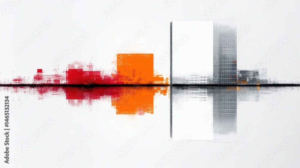 Fototapeta premium Abstract cityscape with colorful reflections in water, showcasing modern architecture