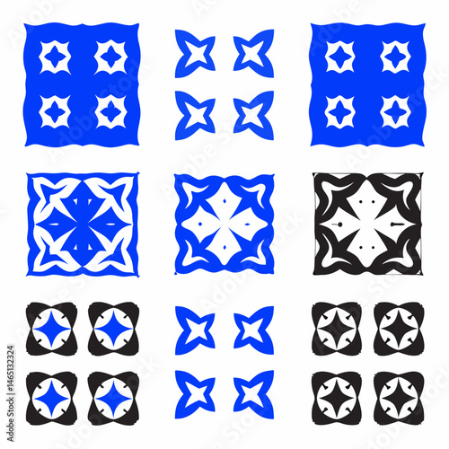 These appear to be a collection of abstract, stylized icons or symbols, primarily in blue and black. They include various shapes such as spirals, floral patterns, geometric designs, and representation
