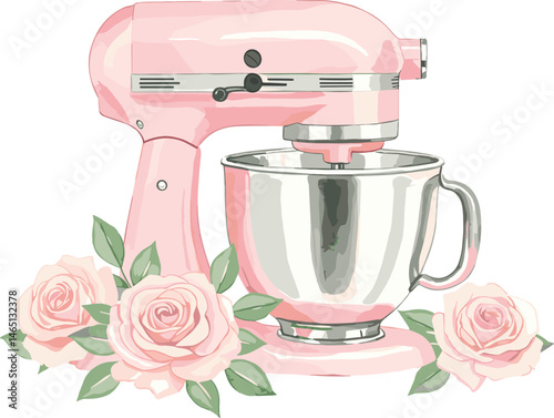 Watercolor blue pastry pink mixer with flowers and greenery.