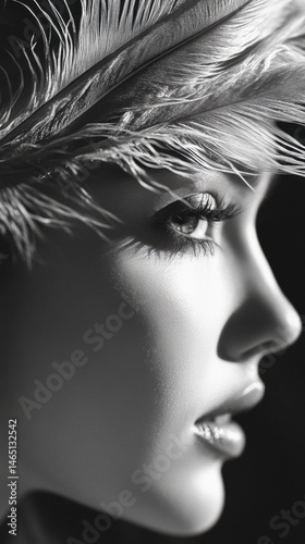 Close-up profile of face with long eyelashes and feathered headpiece, artistic, monochrome portrait on dark gradient background