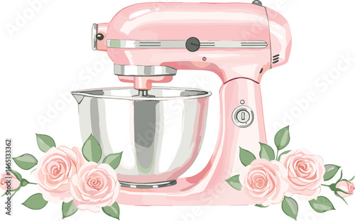 Watercolor blue pastry pink mixer with flowers and greenery.