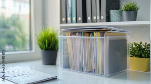 A clear plastic file organizer with documents neatly sorted inside, on a white desk.