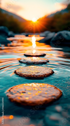 Serene Sunset River Scene with Stepping Stones
