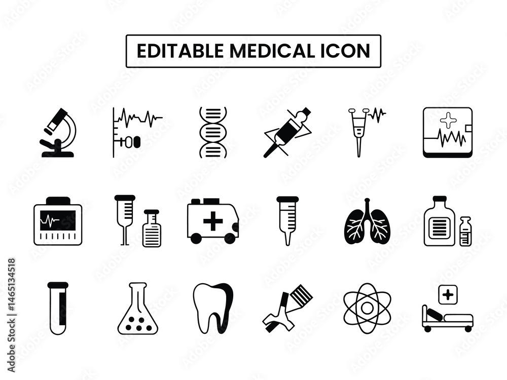 Obraz premium Medical Line Icon Set contains Stethoscope, Ambulance, Doctor, Syringe, Serum, First Aid Kit and so on icons.