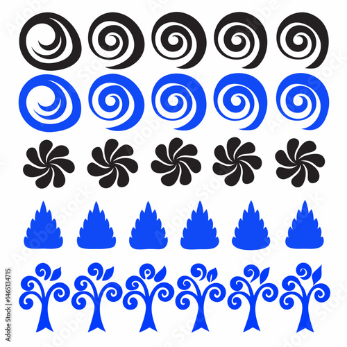 These appear to be a collection of abstract, stylized icons or symbols, primarily in blue and black. They include various shapes such as spirals, floral patterns, geometric designs, and representation