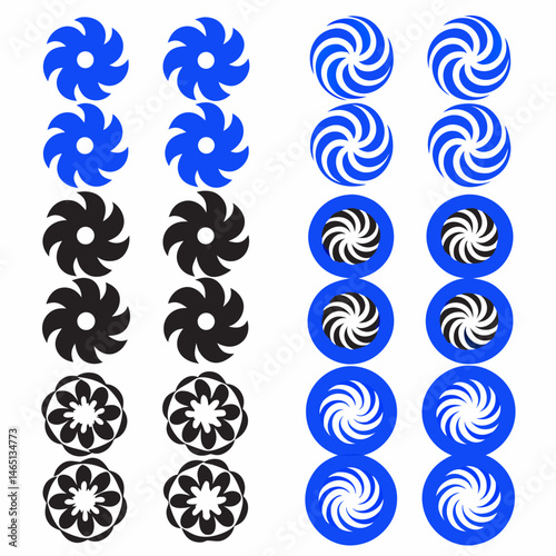 These appear to be a collection of abstract, stylized icons or symbols, primarily in blue and black. They include various shapes such as spirals, floral patterns, geometric designs, and representation