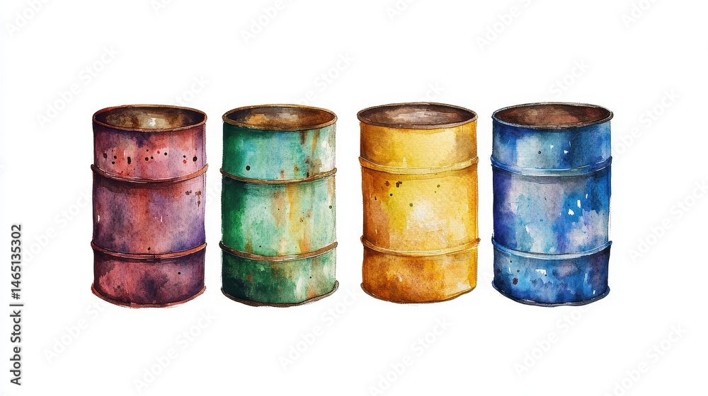 Oil barrels clipart, petroleum industry element, watercolor illustration, muted industrial palette, isolated on white background. Oil barrels clipart, petroleum industry element, watercolor illustration, muted industrial palette, isolated on white background.