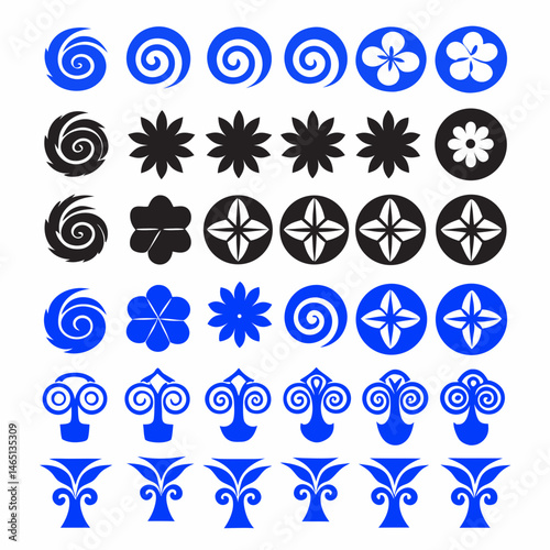 These appear to be a collection of abstract, stylized icons or symbols, primarily in blue and black. They include various shapes such as spirals, floral patterns, geometric designs, and representation