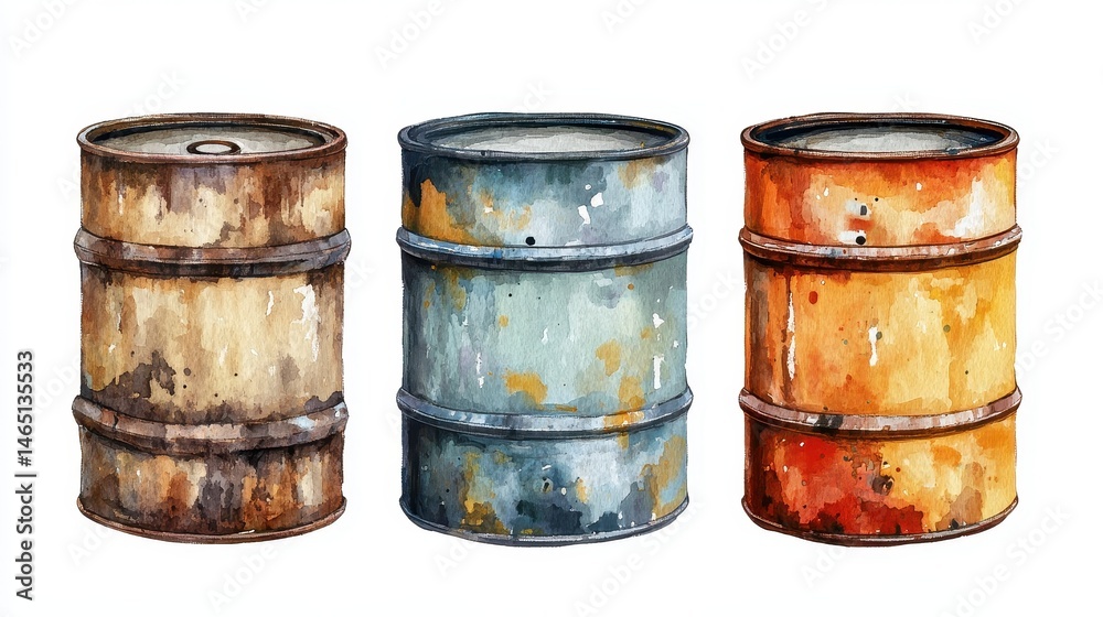 Oil barrels clipart, petroleum industry element, watercolor illustration, muted industrial palette, isolated on white background. Oil barrels clipart, petroleum industry element, watercolor illustration, muted industrial palette, isolated on white background.