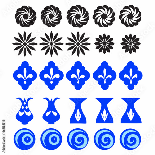 These appear to be a collection of abstract, stylized icons or symbols, primarily in blue and black. They include various shapes such as spirals, floral patterns, geometric designs, and representation