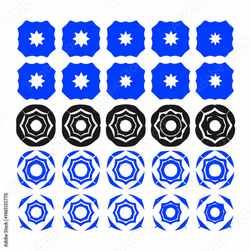 These appear to be a collection of abstract, stylized icons or symbols, primarily in blue and black. They include various shapes such as spirals, floral patterns, geometric designs, and representation