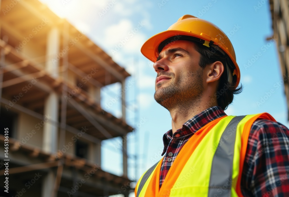 Construction worker in safety gear looking confidently at a building site Construction worker in safety gear looking confidently at a building site
