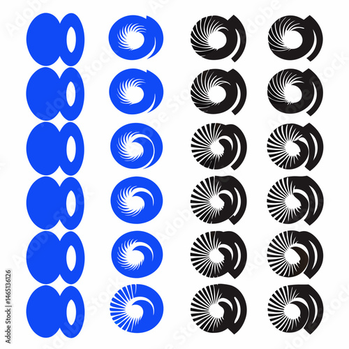 These appear to be a collection of abstract, stylized icons or symbols, primarily in blue and black. They include various shapes such as spirals, floral patterns, geometric designs, and representation
