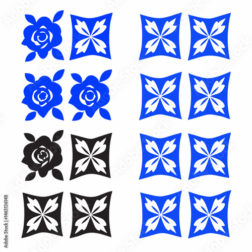 These appear to be a collection of abstract, stylized icons or symbols, primarily in blue and black. They include various shapes such as spirals, floral patterns, geometric designs, and representation