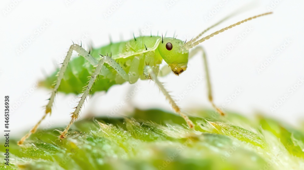 Fototapeta premium A close-up of a green aphid feeding on a plant, isolated on a white background