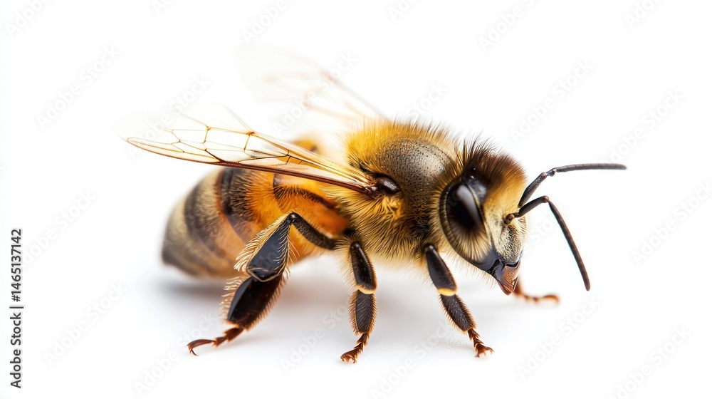 A close-up of a honey beeâ€™s wings and striped body, displayed on white