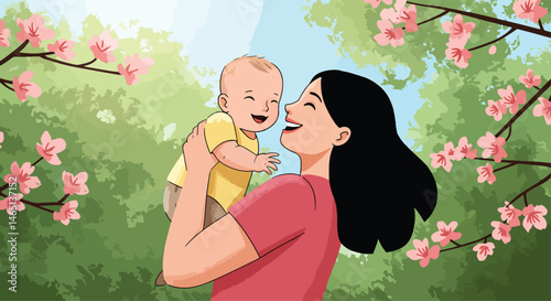 Adobe Illustrator Artwork Blissful vector flat illustration of a joyful mother holding her happy baby outdoors amidst blooming spring flowers. Perfect for celebrating Mother's Day and the joy of paren
