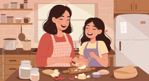 Adobe Illustrator Artwork Heartfelt vector flat illustration of a mother and daughter happily baking together in the kitchen. Perfect for Mother's Day and celebrating family moments
