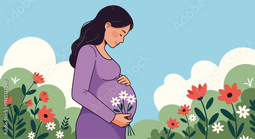 Adobe Illustrator Artwork vector flat illustration of a pregnant woman lovingly holding her belly in a blooming garden. Perfect for Mother's Day and celebrating motherhood
