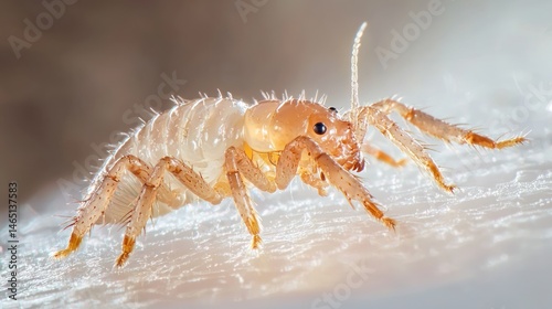A close-up of a human head louse crawling, placed on a white surface