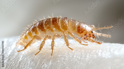 A close-up of a human head louse crawling, placed on a white surface