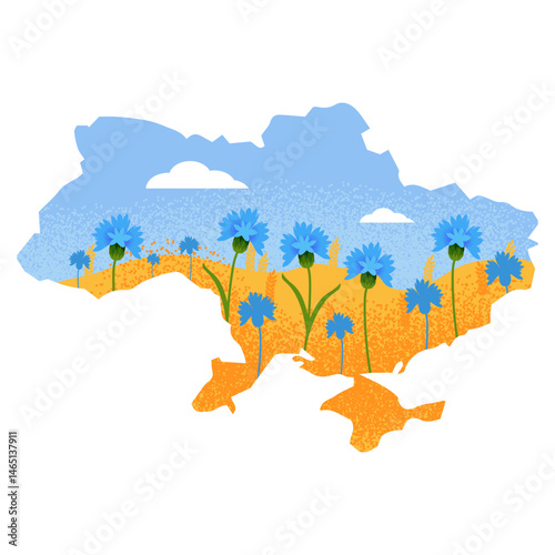 Vector illustration of Ukraine map with blue cornflowers and wheat field. National colors symbolizing Ukrainian nature, peace and freedom