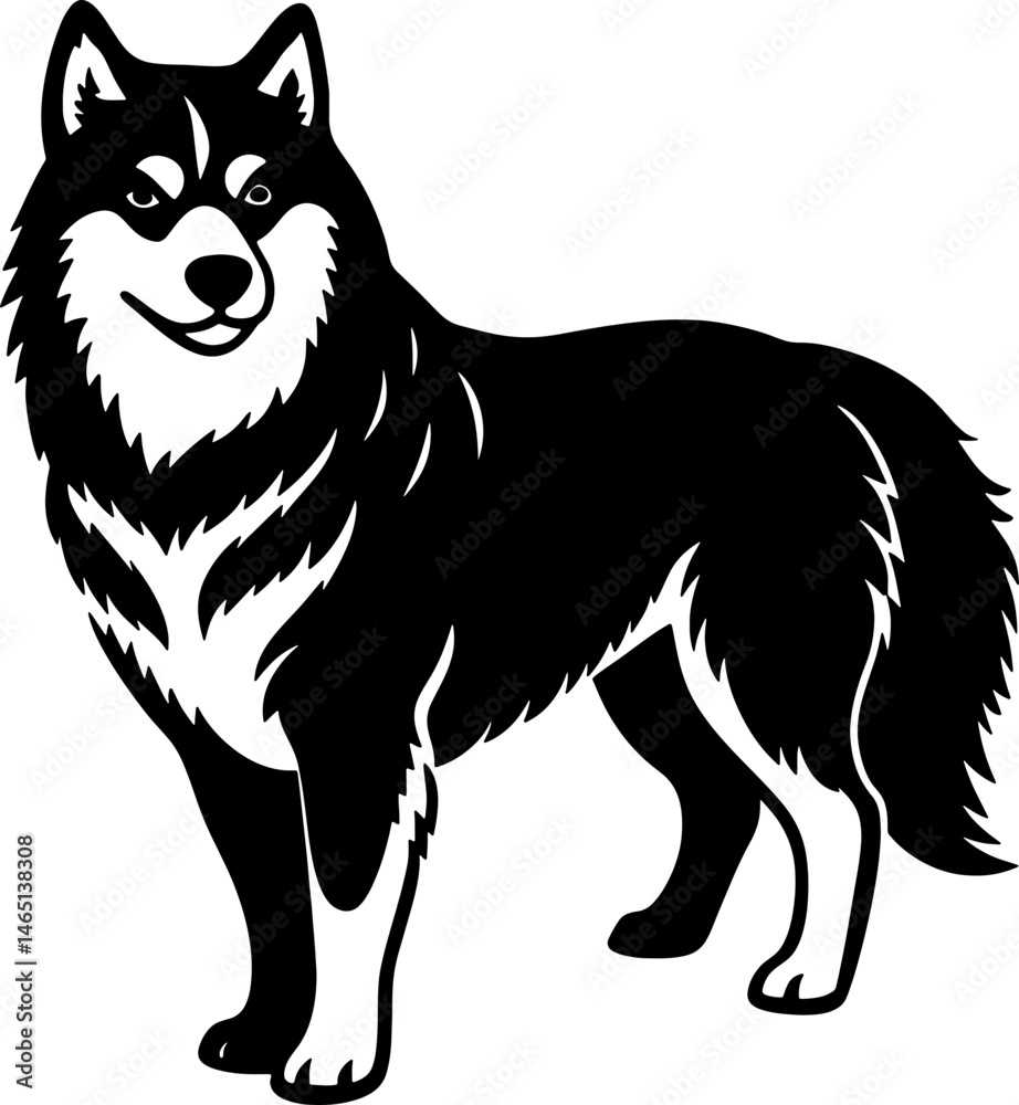 Fototapeta premium Alaskan malamute simple black silhouette, Black silhouette vector icon, silhouette illustration. Dog Vector