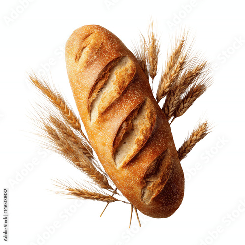 Crusty Bread Loaf with Wheat Stalks on Vibrant Green Transparent background