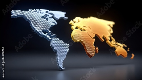 3D digital map representation highlighting continents in contrasting colors.