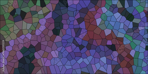 Abstract stained glass mosaic illustration featuring a collection of irregular polygonal shapes arranged in a vibrant and colorful pattern representing a complex artwork.