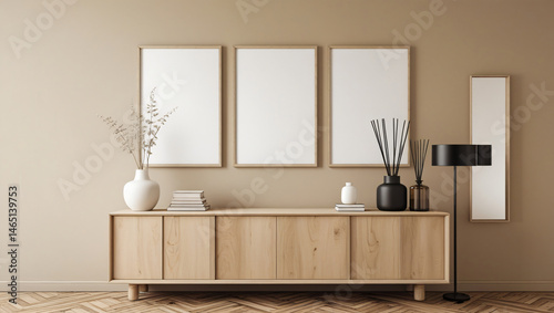 A minimalist interior featuring a wooden sideboard with four cabinet doors against a beige wall. The surface of the sideboard is decorated with a white vase containing dried flowers
