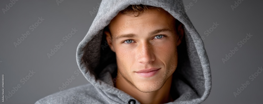 Obraz premium A young man with striking blue eyes wears a gray hoodie, exuding confidence and charisma.