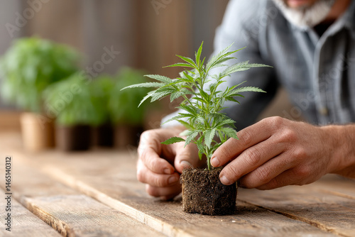 A person carefully potting a small cannabis plant on a rustic wooden table.