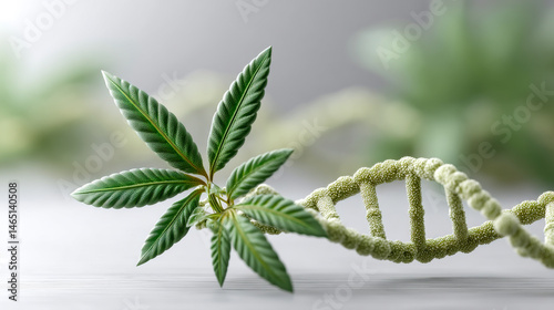 A cannabis leaf next to a DNA strand, symbolizing genetic research and biotechnology in cannabis science.