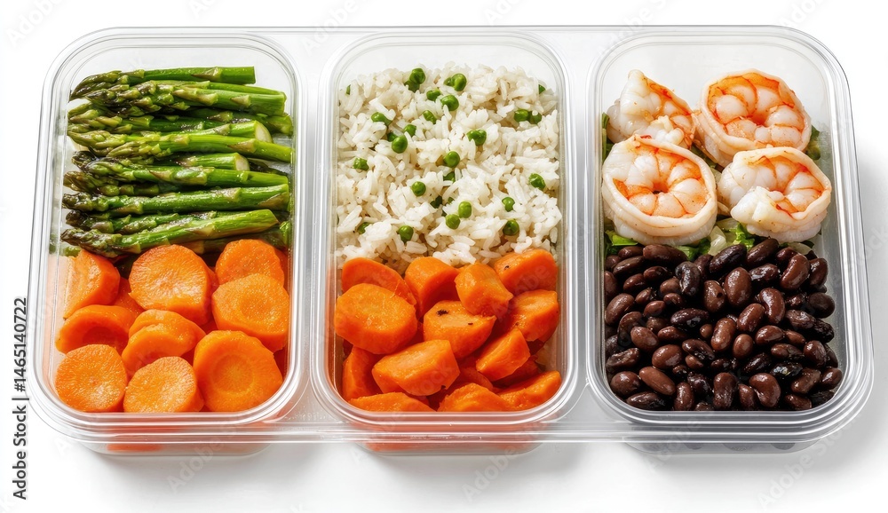 Healthy meal prep containers with various vegetables and protein Healthy meal prep containers with various vegetables and protein