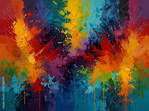 A vibrant abstract painting featuring a dynamic explosion of multicolored paint splatters and drips