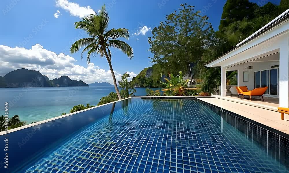 Modern luxury villa with an infinity pool and lounge chairs overlooking a tropical coastline, surrounded by palm trees and green hills under a vibrant blue sky.