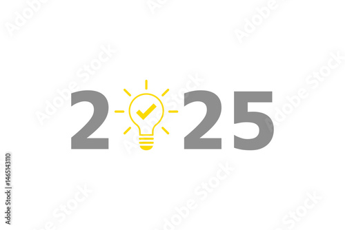 2025 concept with light bulb and check mark on transparent background